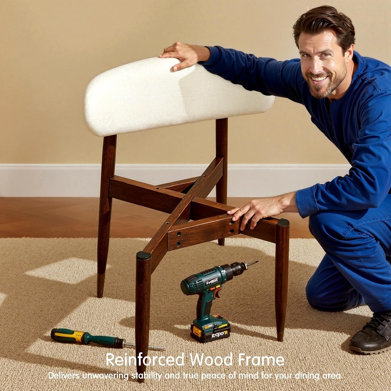 Beige Upholstered Mid Century Modern Dining Chairs-3