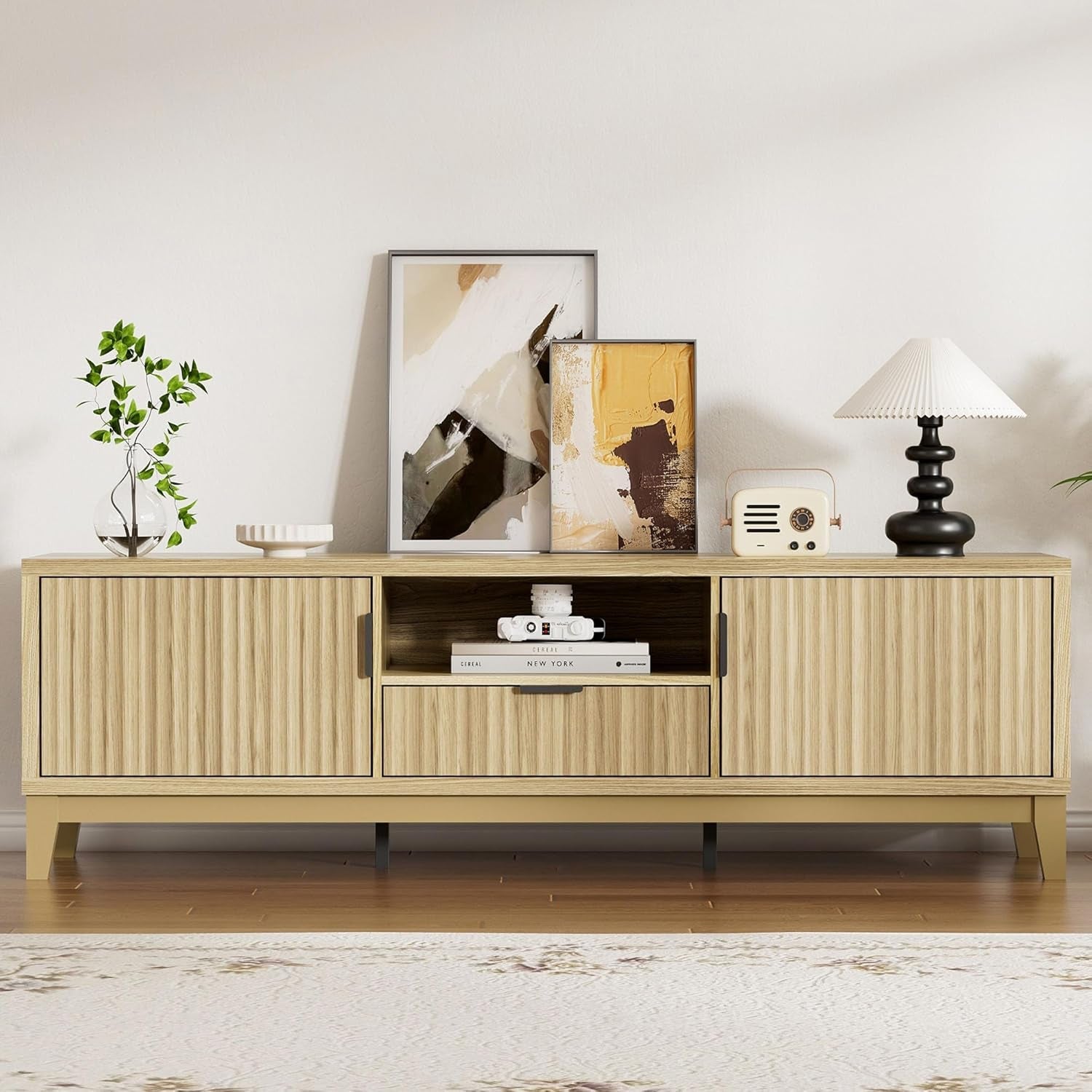 59 Inch Fluted TV Stand With Entertainment Center Storage-3