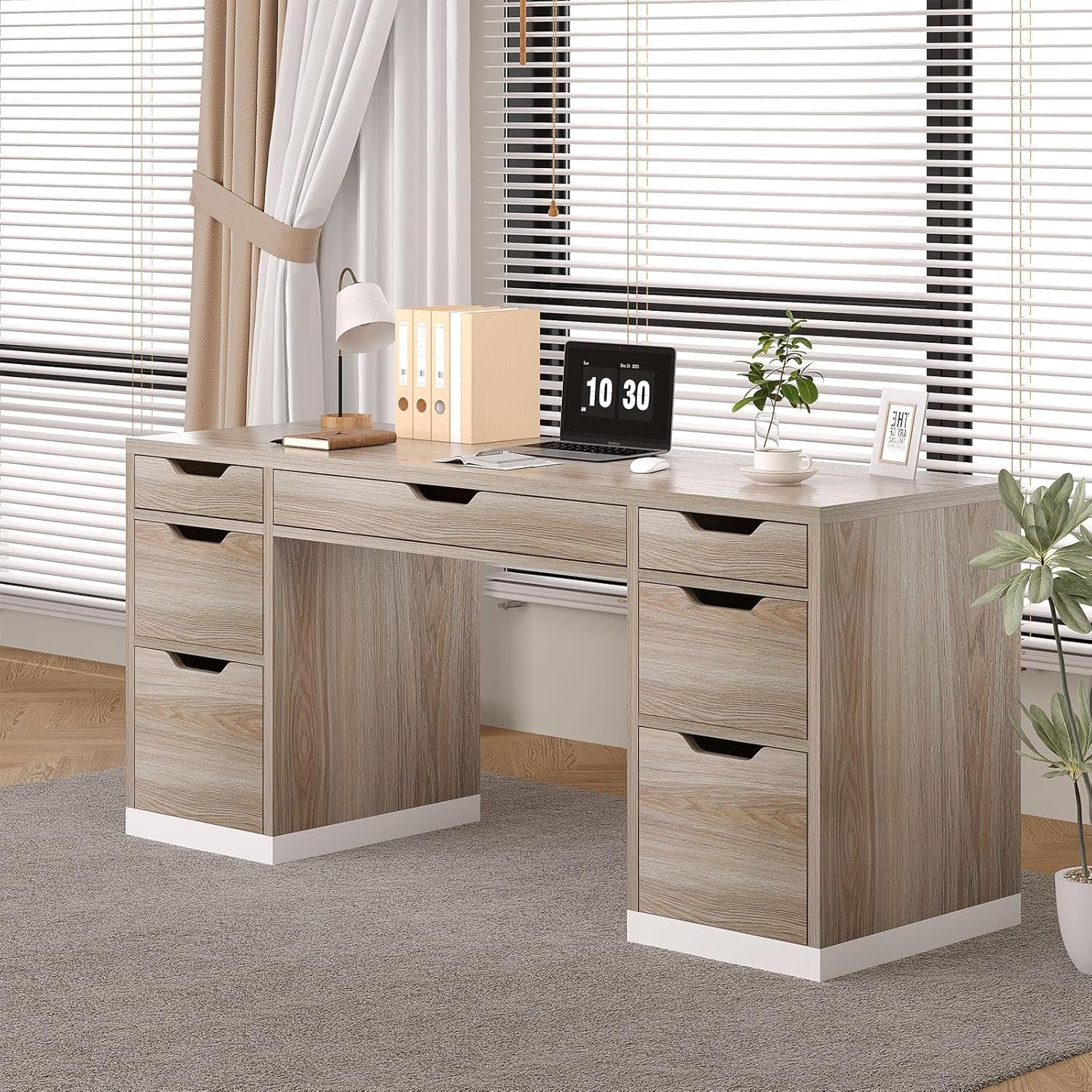 54 Inch Computer Desk With Storage Drawers White Walnut-2