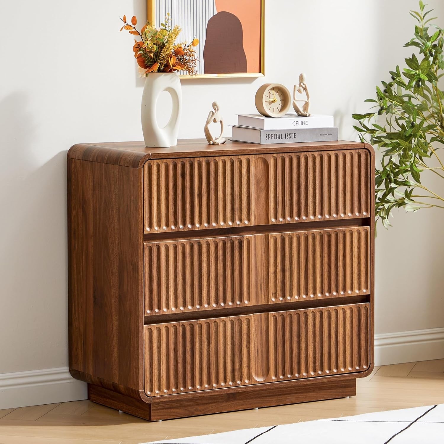 Walnut Fluted Three Drawer Dresser 31 Inch Wide Storage-4