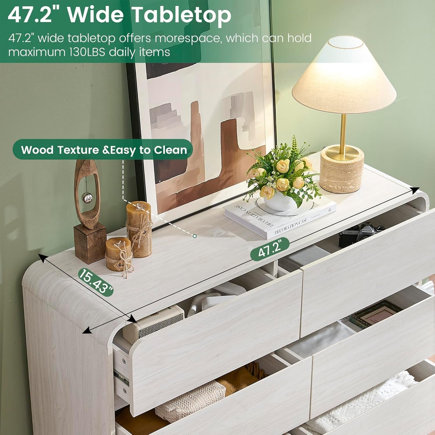 47 Inch White Dresser With Six Drawers Anti Tip Design-3