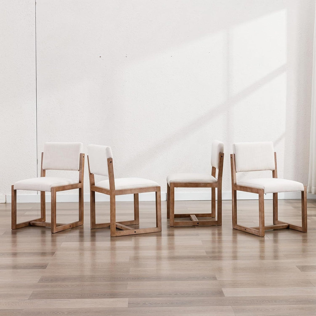 Beige Linen Upholstered Dining Chairs Midcentury Pair-3