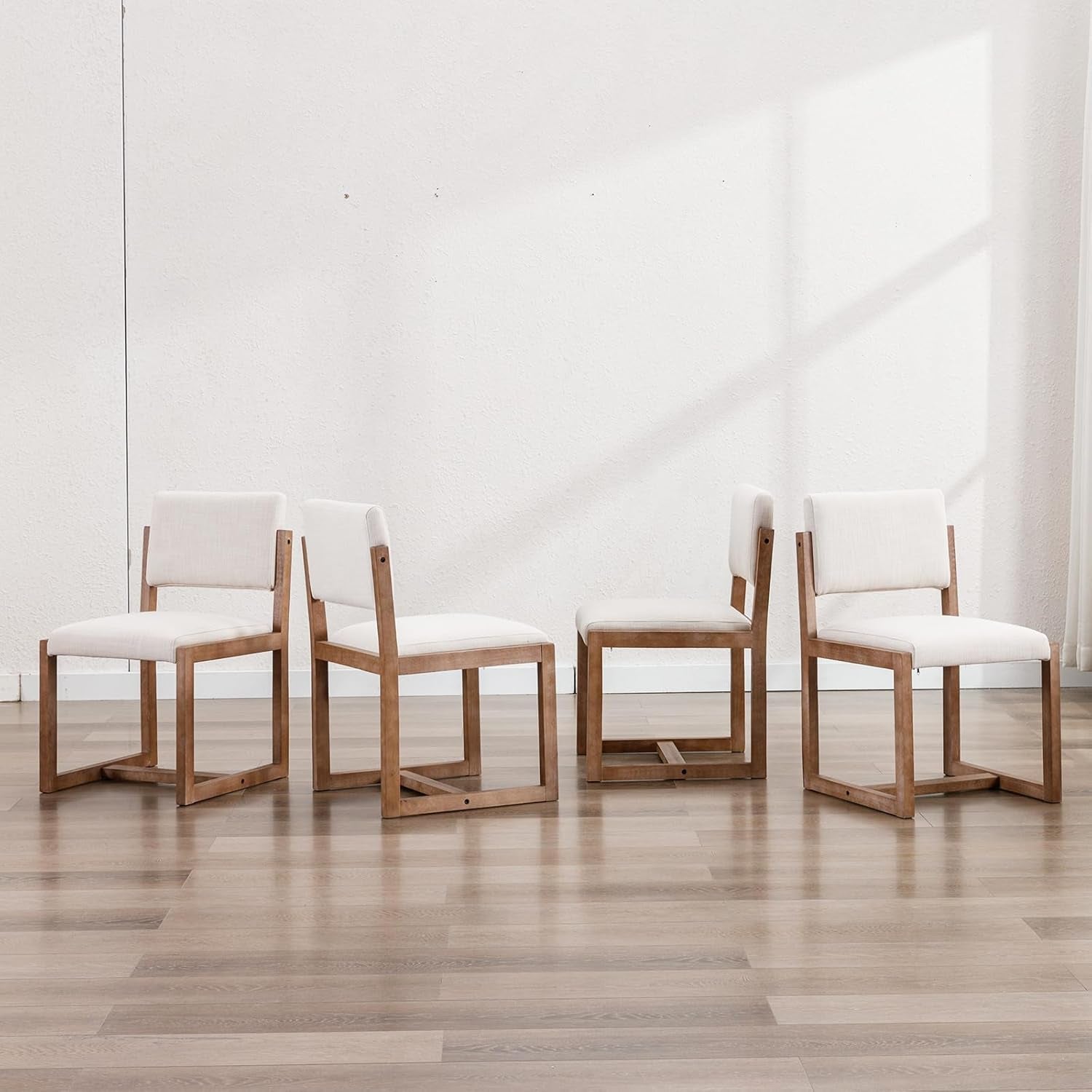 Beige Linen Upholstered Dining Chairs Midcentury Pair-3