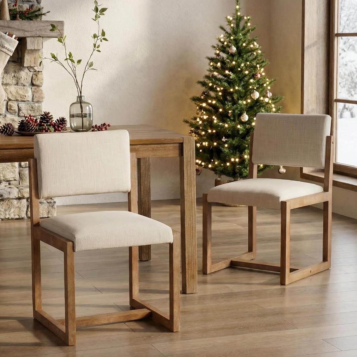 Beige Linen Upholstered Dining Chairs Midcentury Pair-0