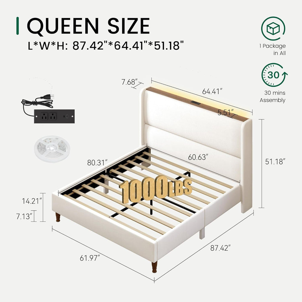 Queen Size Upholstered Bed Frame With LED Lights And USB-1