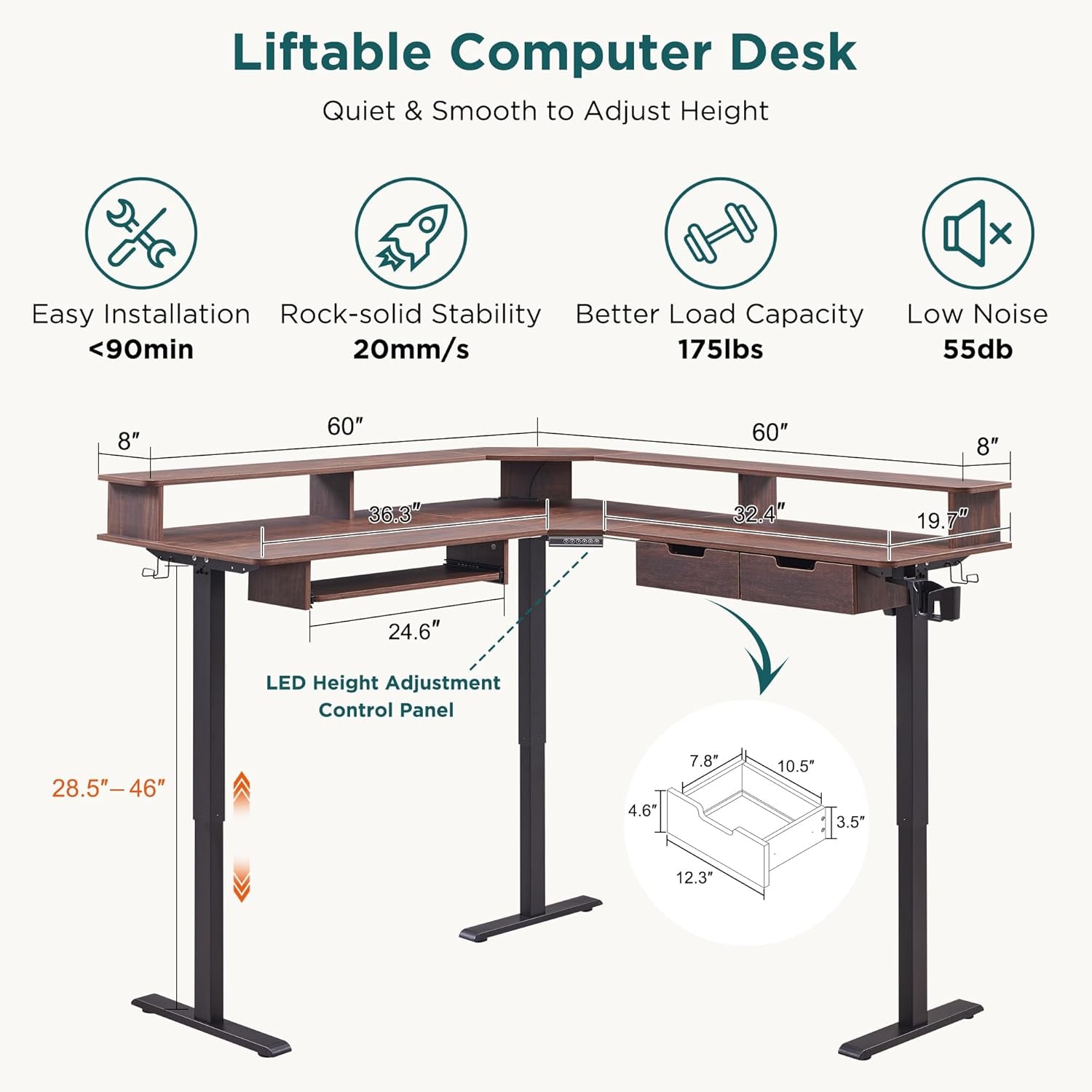 60 Inch Elevated Electric Standing Desk Dark Walnut-1