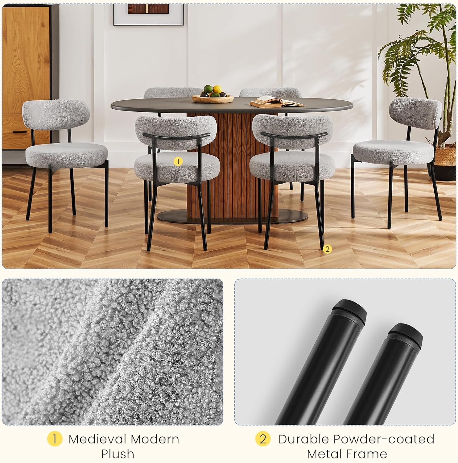 Industrial Boucle Upholstered Dining Chairs Light Grey-3