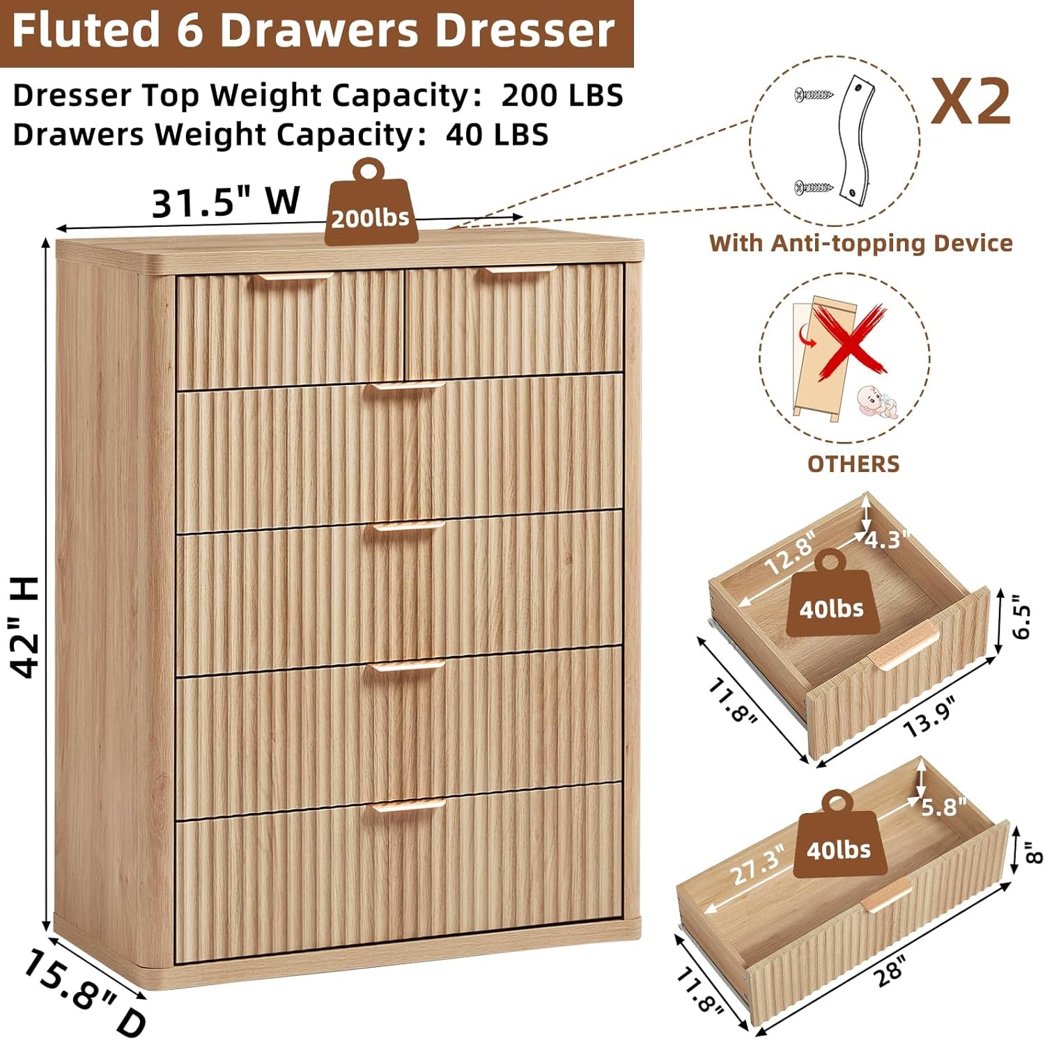 Distressed Fluted Dresser Featuring Six Drawers 42Inch-1