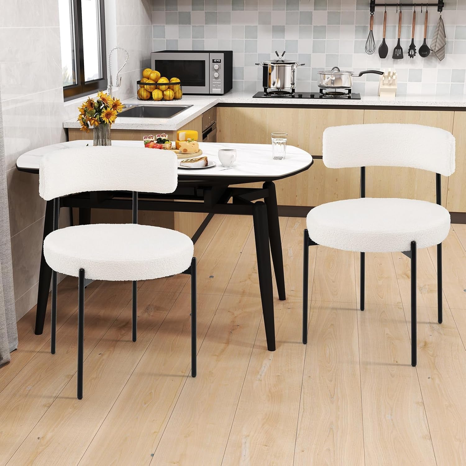 Elegant White Sherpa Upholstered Dining Chairs Set-1