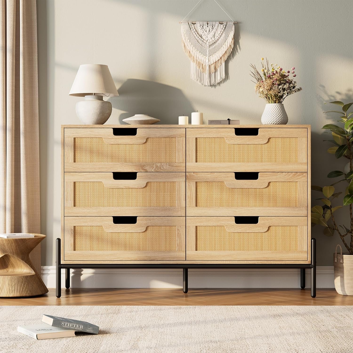 Rattan Open work Braided Chest Of Six Drawers Walnut Finish-4