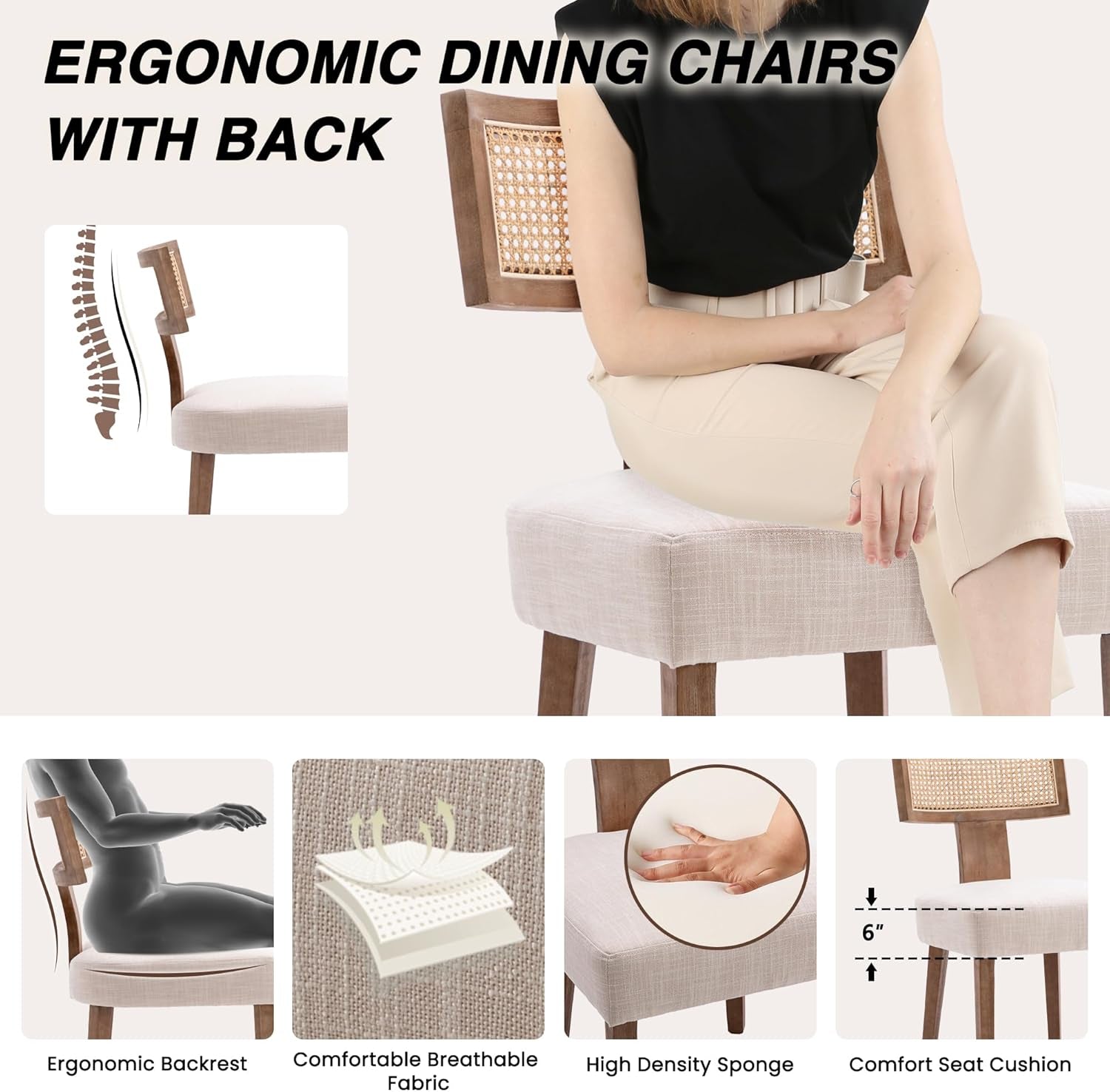 Beige Mid Century Rattan Dining Chairs Upholstered-3