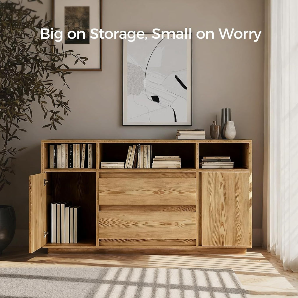63 Inch Natural Solid Wood Sideboard With Drawers Storage-3
