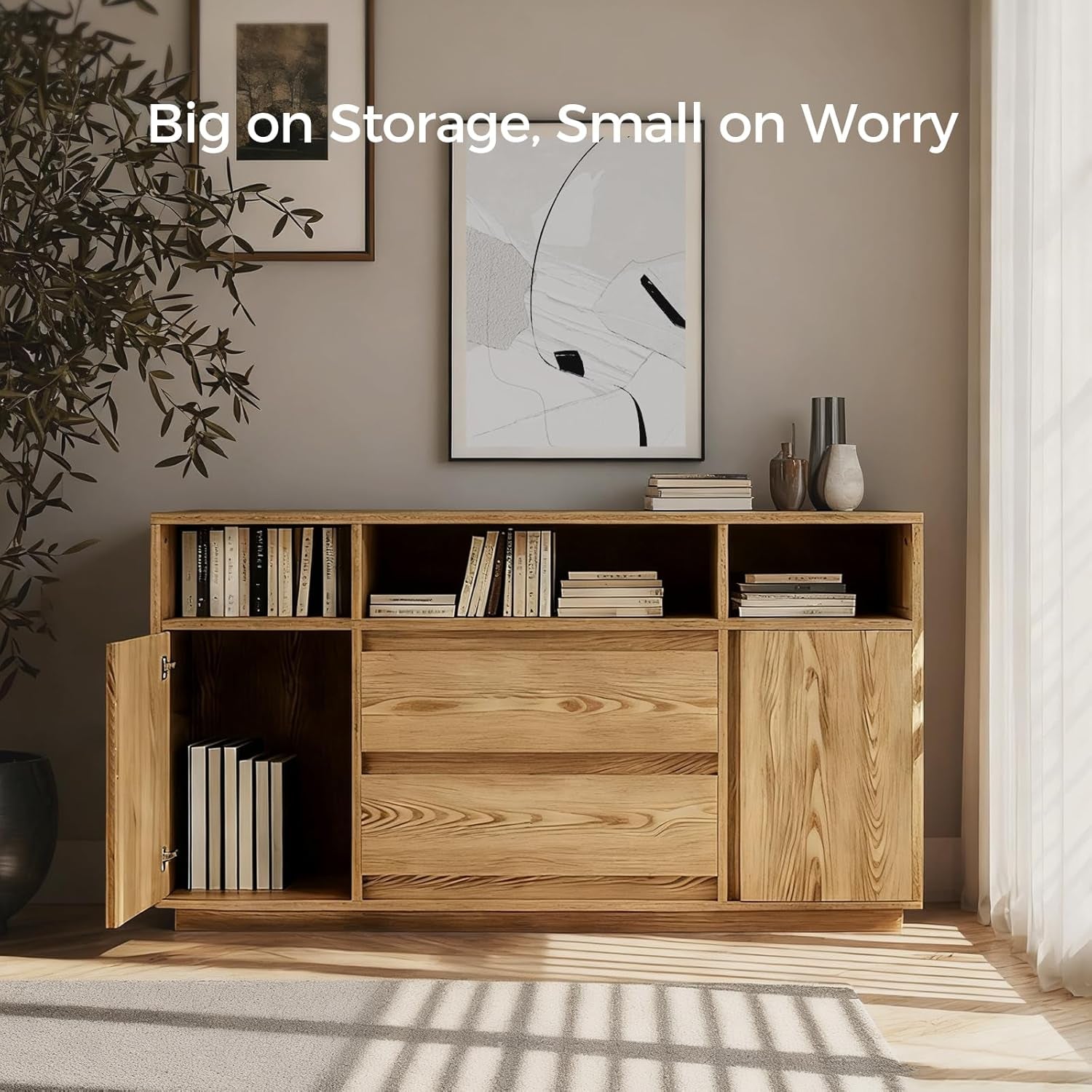 63 Inch Natural Solid Wood Sideboard With Drawers Storage-3