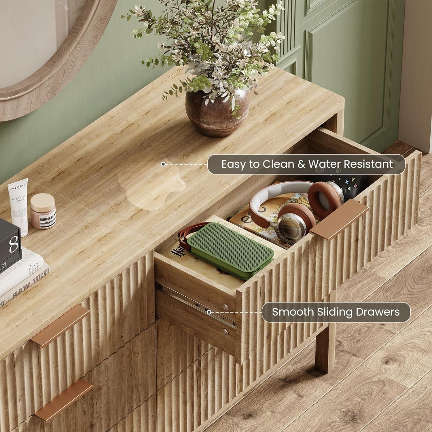 Solid Oak 55 Inch Wide Dresser With Six Drawers For Bedroom-3
