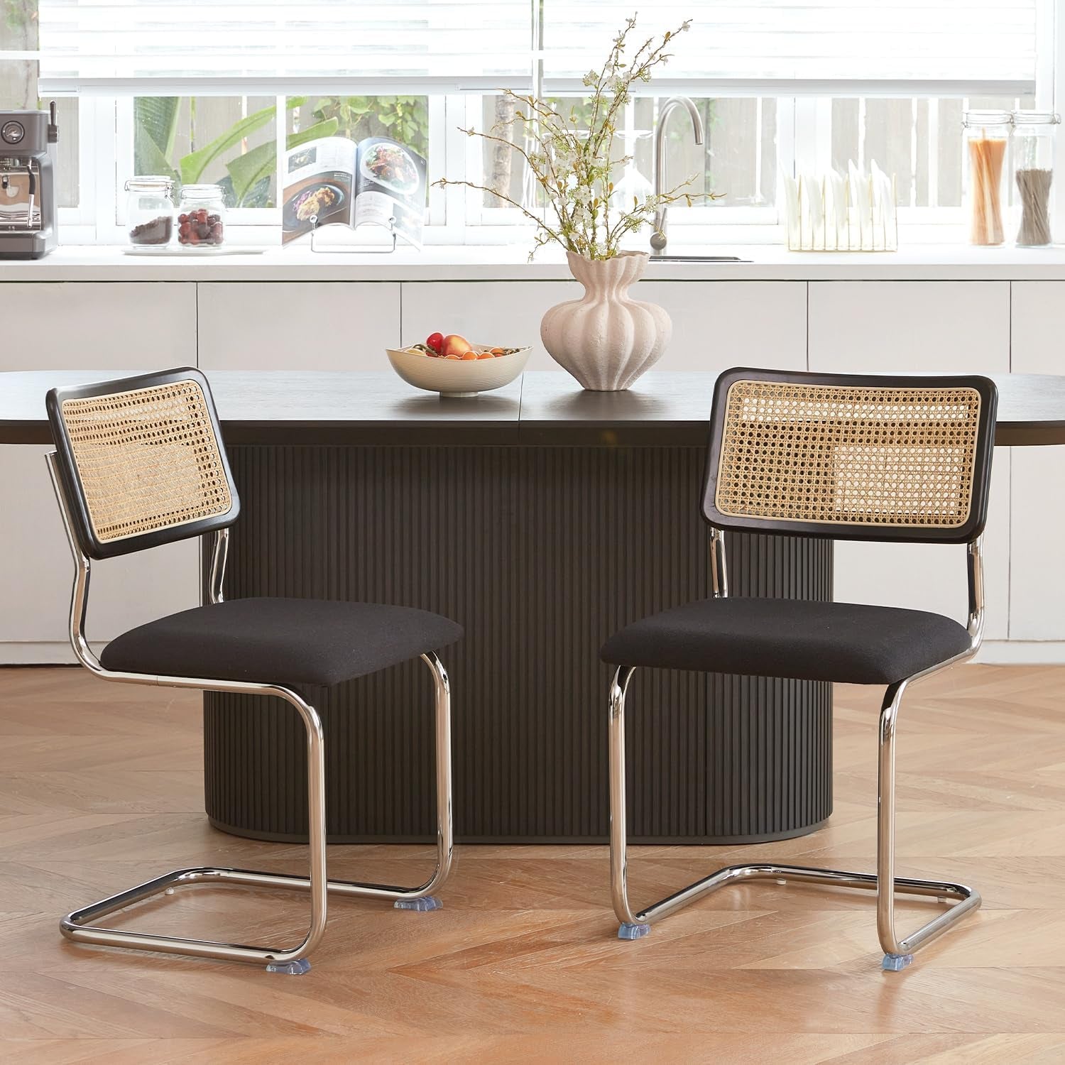 Black Chrome Rattan Midcentury Cesca Dining Chairs-4