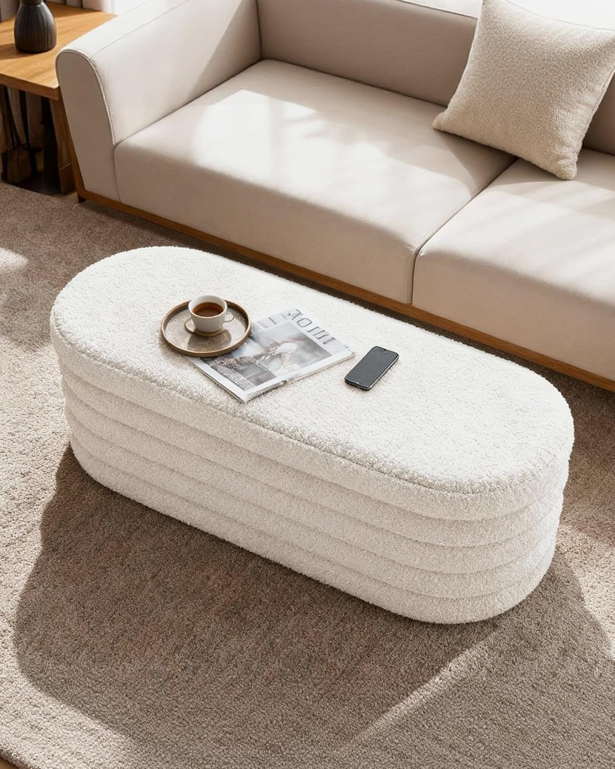 43 Inch SherpaWhite Upholstered Storage Ottoman Bench-2