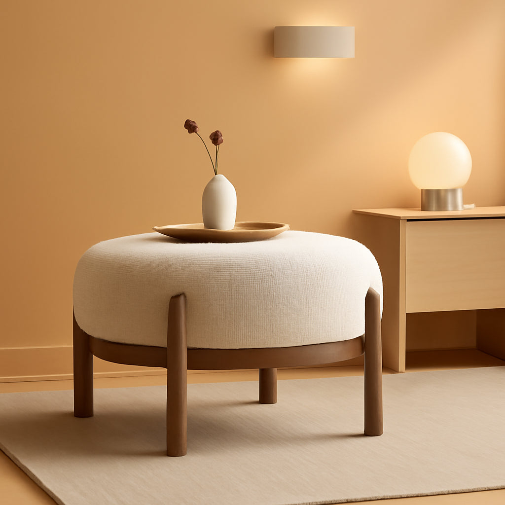 Beige Sherpa Ottoman Footstool With Premium Lumber