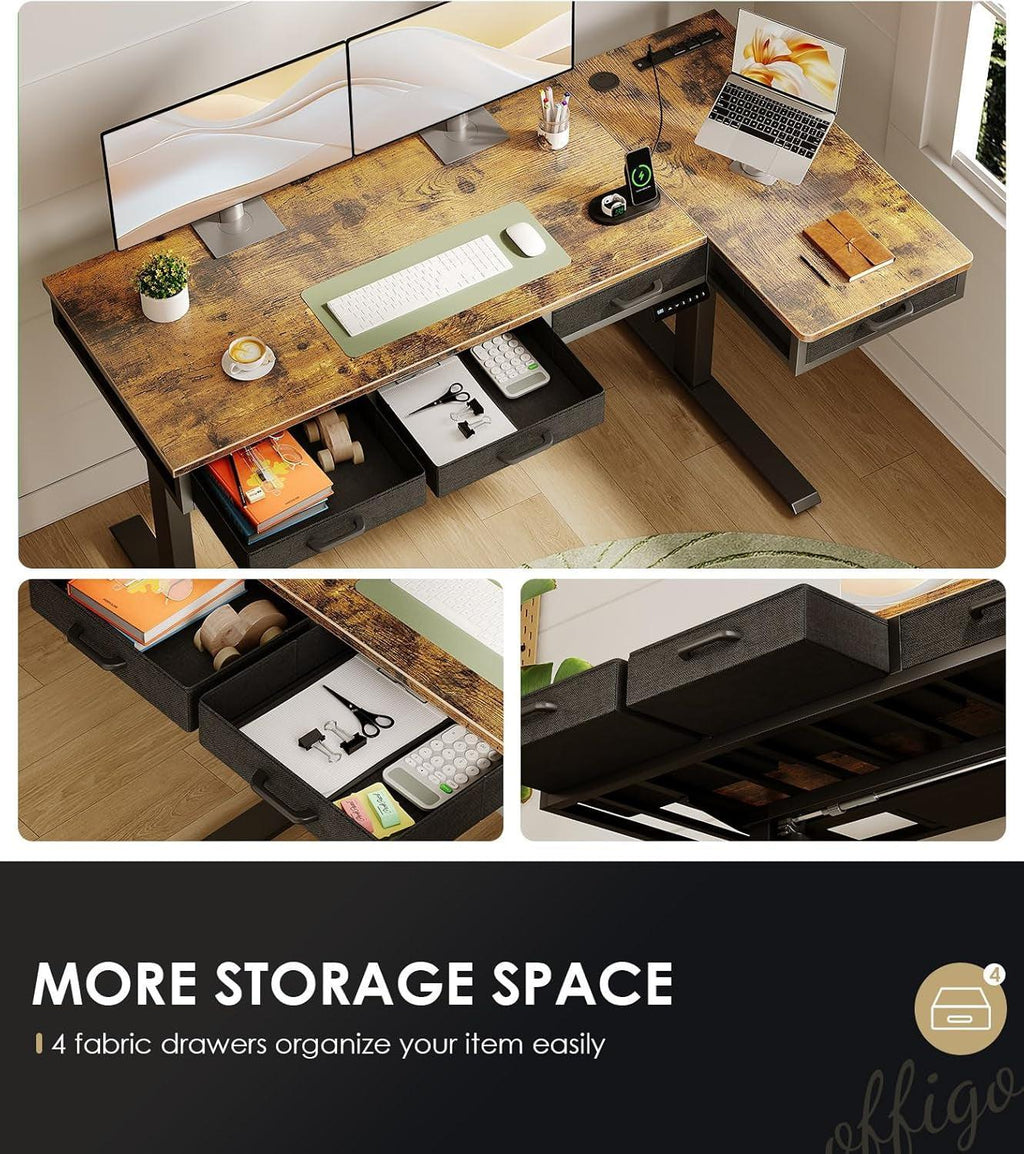 Sixty Three Inch L Shaped Electric Height Adjustable Desk Drawers-4
