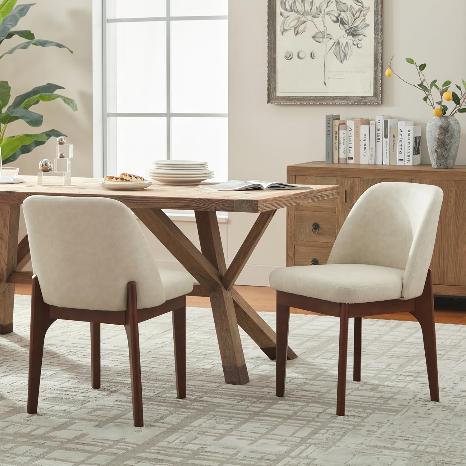 Beige Upholstered Dining Chairs With SolidWood Legs-4