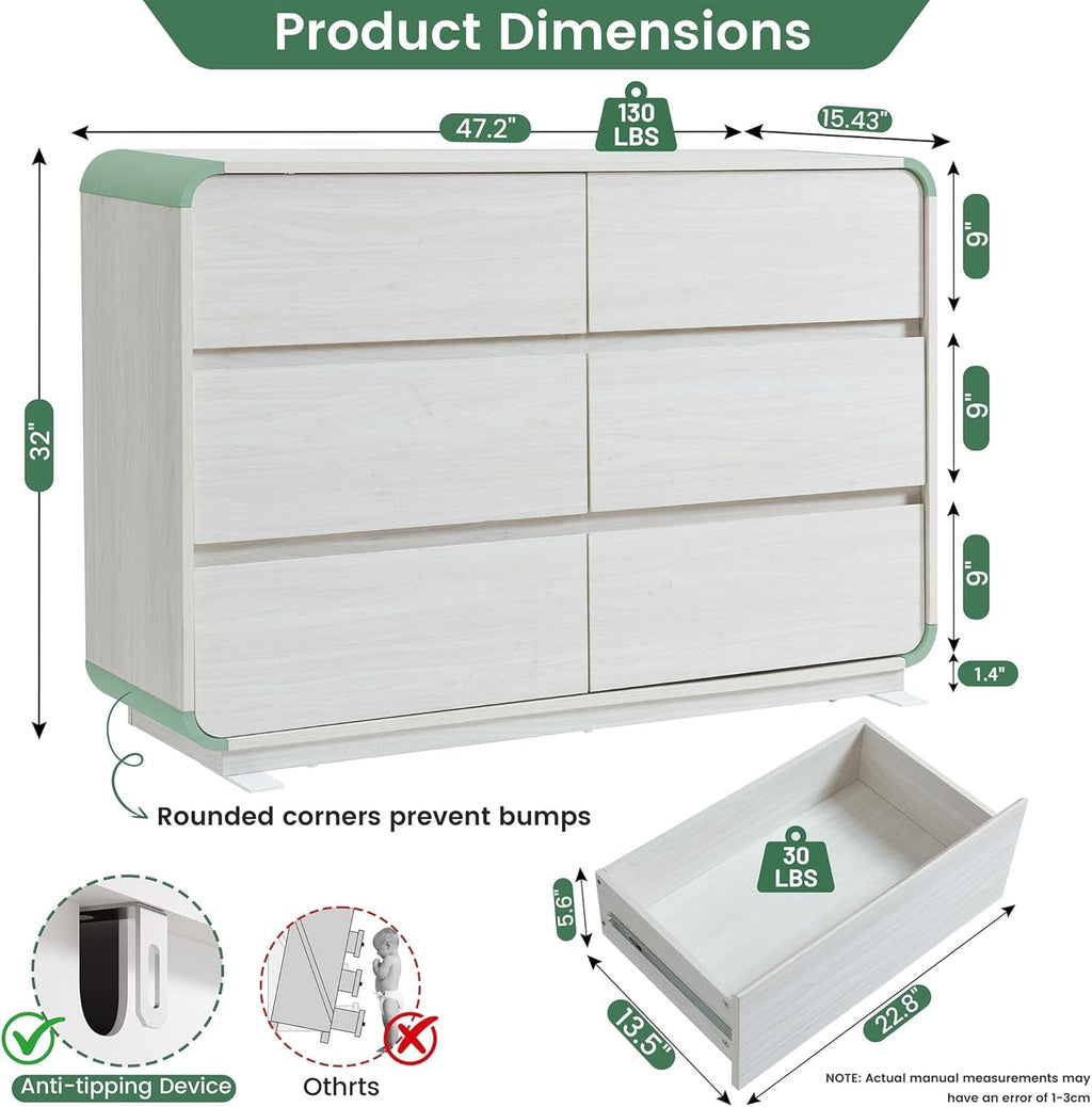 47 Inch White Dresser With Six Drawers Anti Tip Design-1