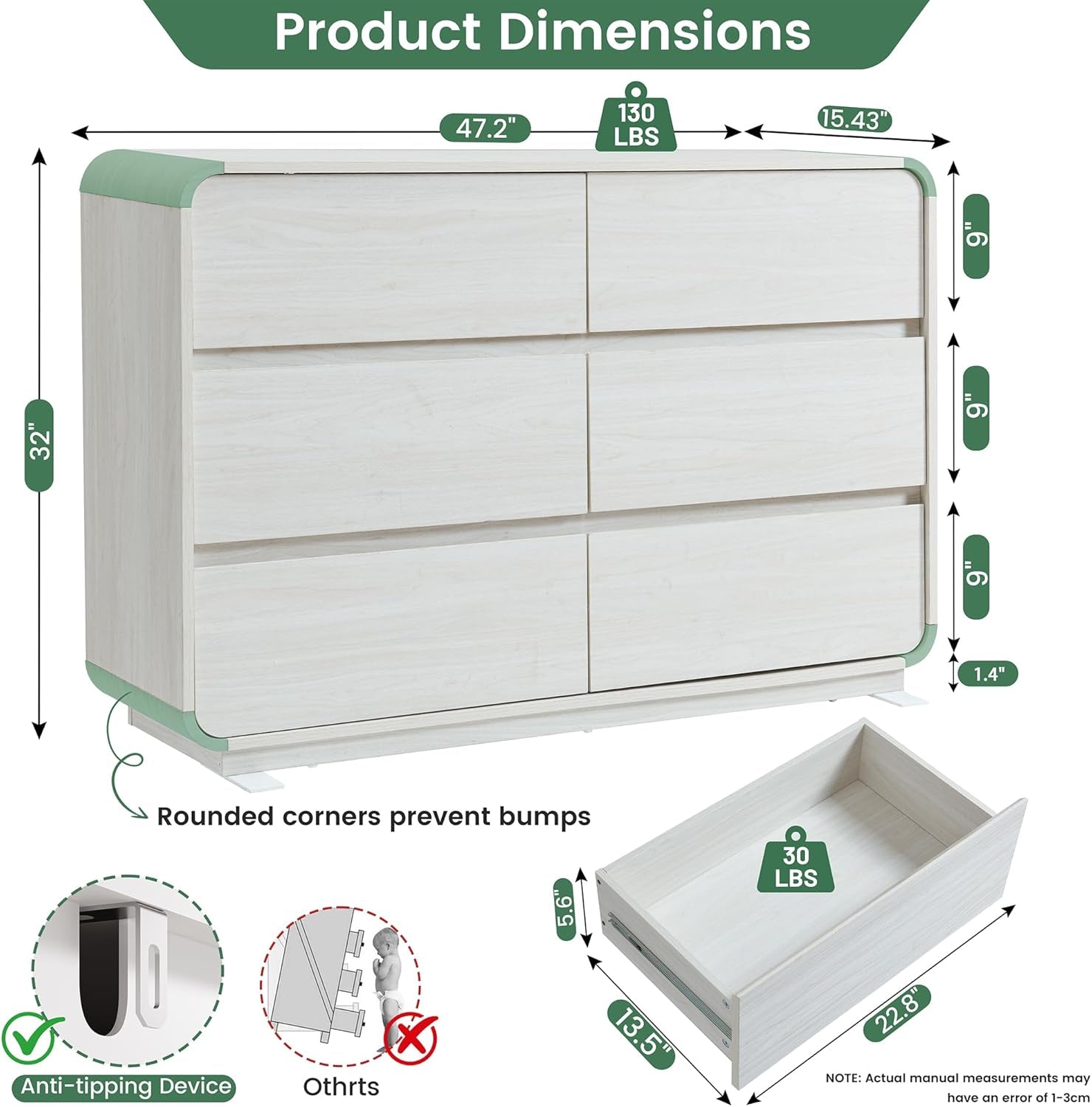 47 Inch White Dresser With Six Drawers Anti Tip Design-1