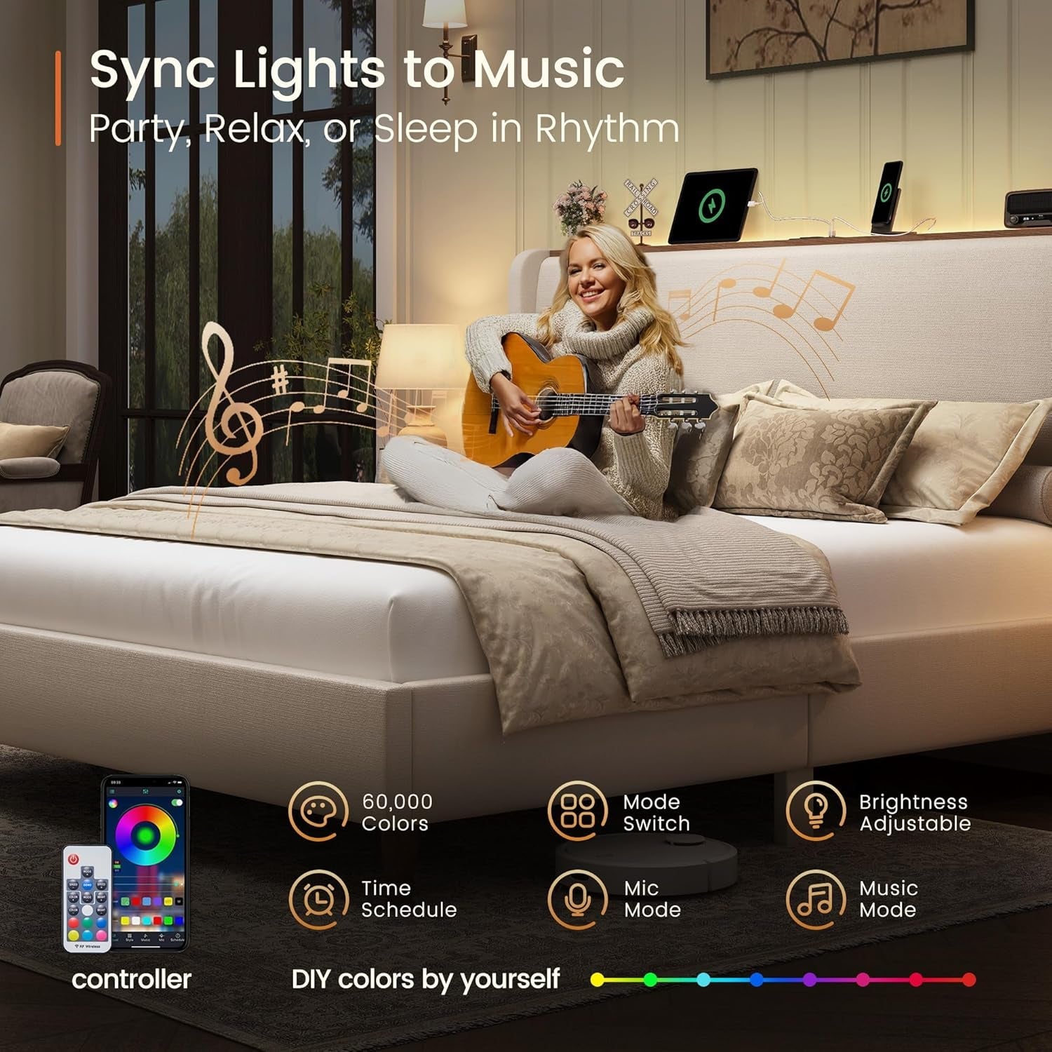 Queen Size Upholstered Bed Frame With LED Lights And USB-3
