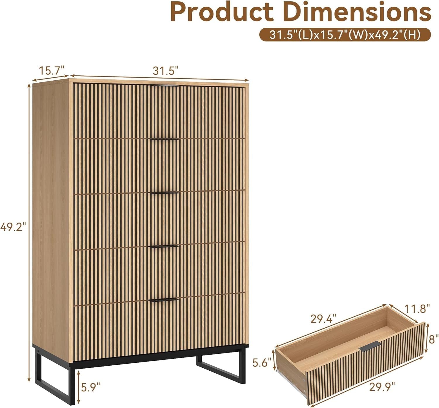 49.2 Inch Tall Five Drawer MatteNaturalFinish Dresser-1