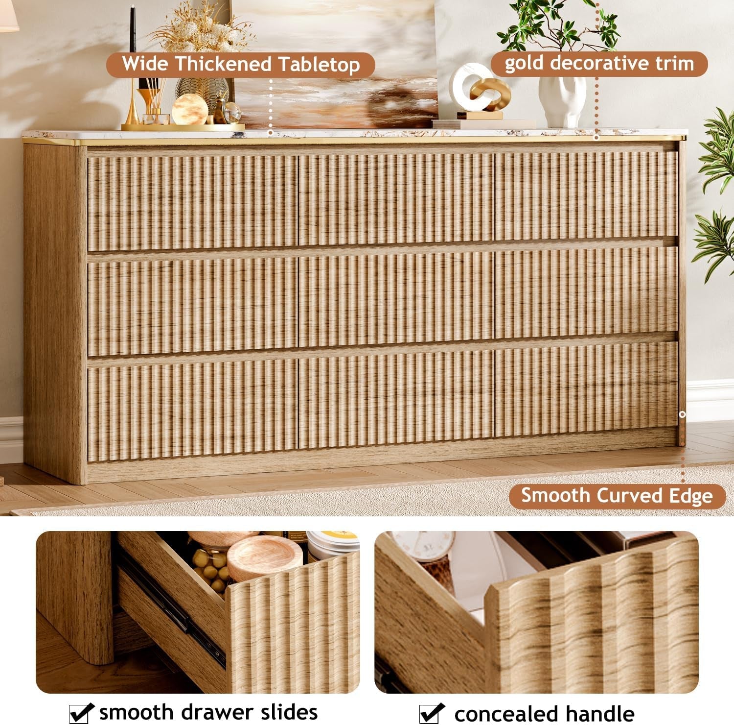 9 Drawer Dresser Chest With PolishedMarbleTabletop-4
