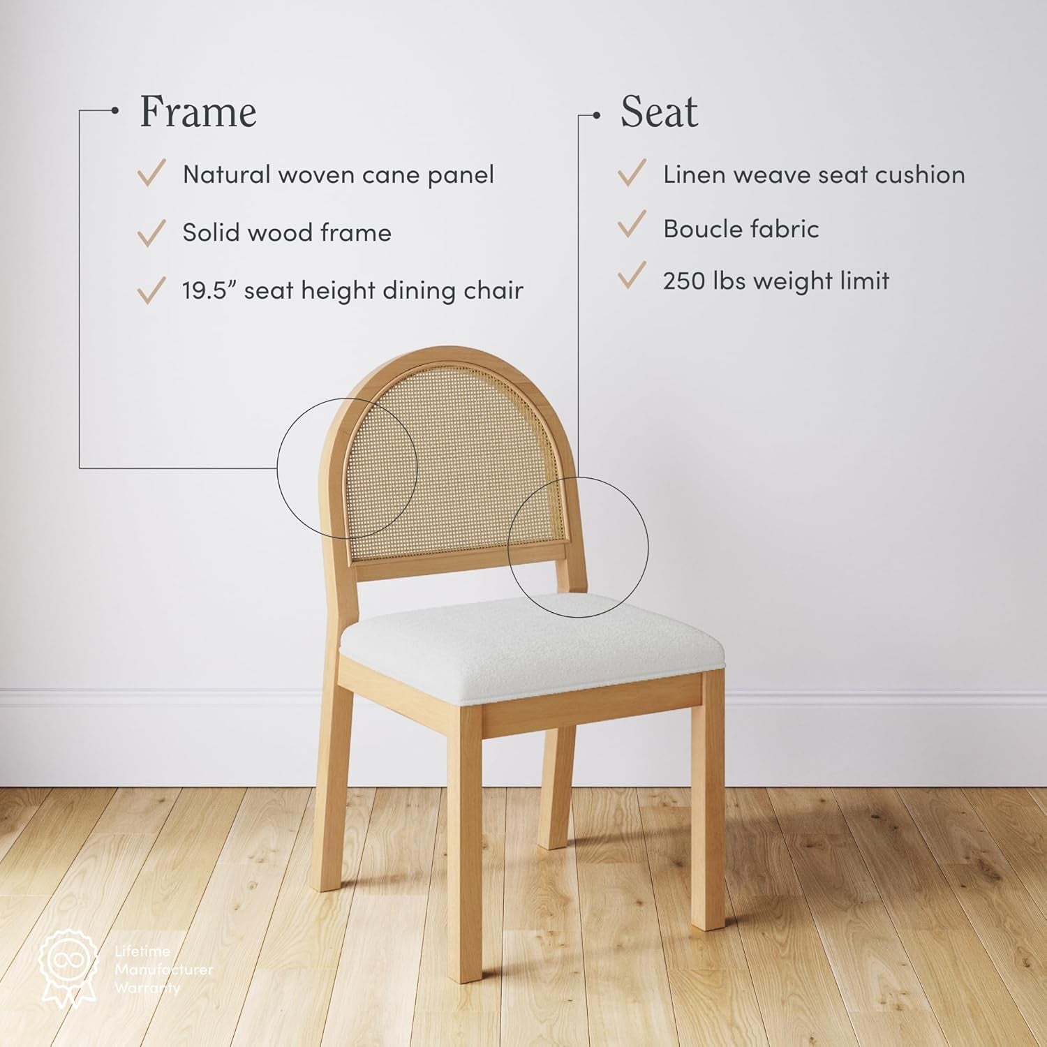 Bailey 19 Inch Boucle Dining Chair With Rattan Back And Wood Legs-3