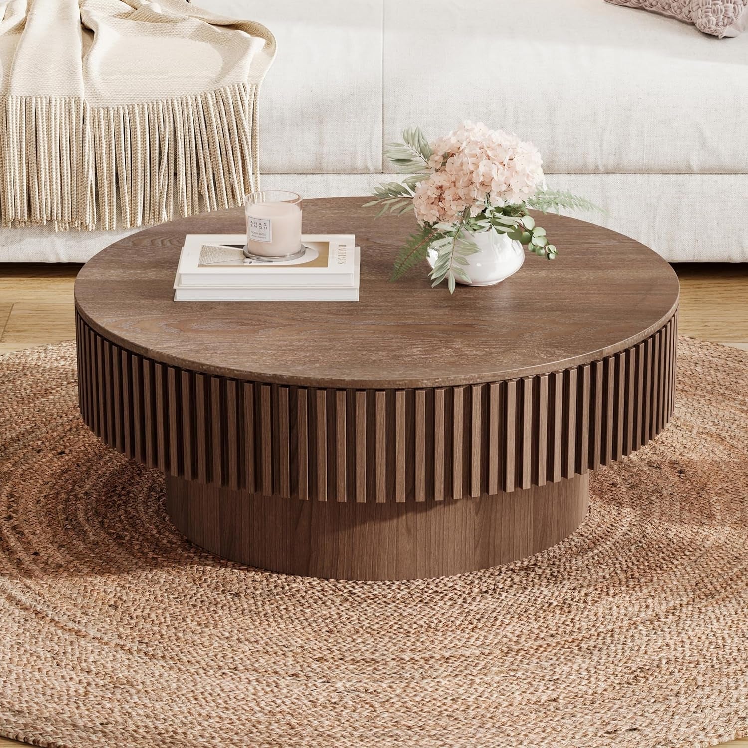 Walnut Round Coffee Table With Hidden Storage Compartment-1