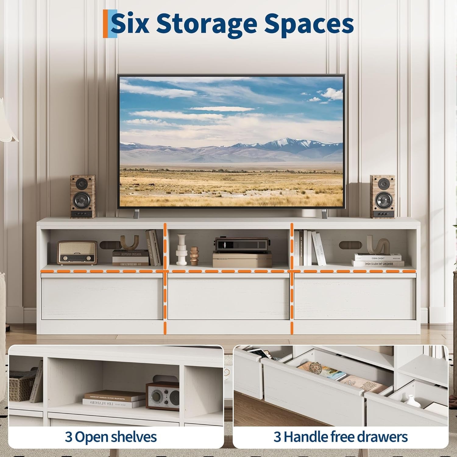 70-In TV Stand Heavy-Duty Mid-Century White Entertainment Center-4