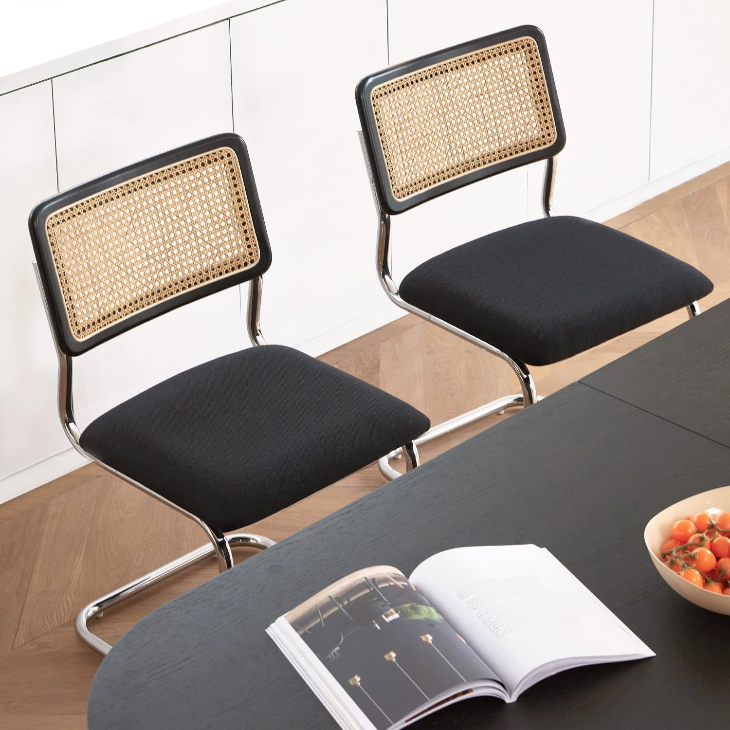 Black Chrome Rattan Midcentury Cesca Dining Chairs-3