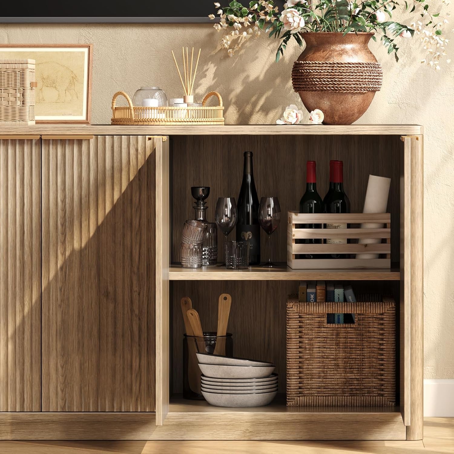 SixtySeven Inch Solid Oak Finish Fluted TV Stand Cabinets-3