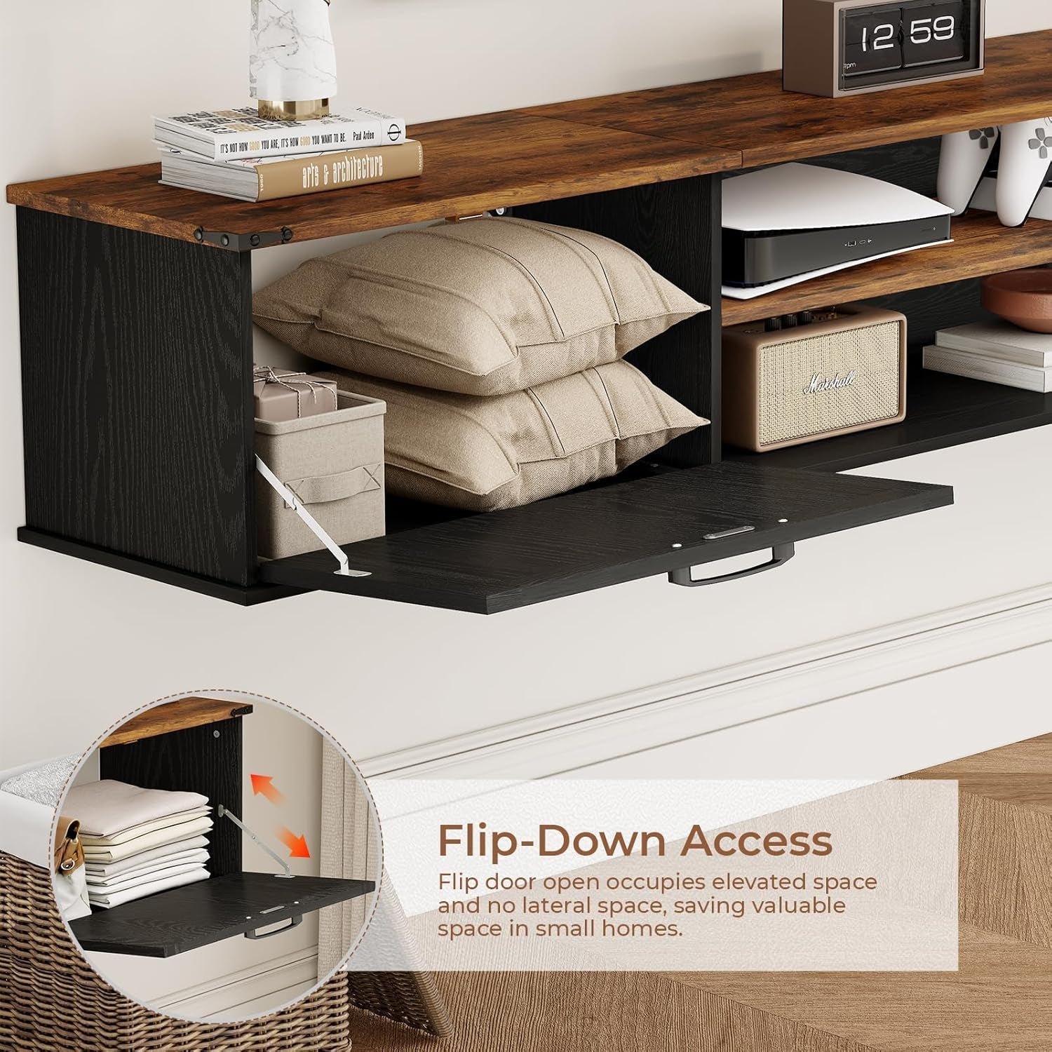 Seventy Inch Floating TV Stand Featuring Doors Black-2