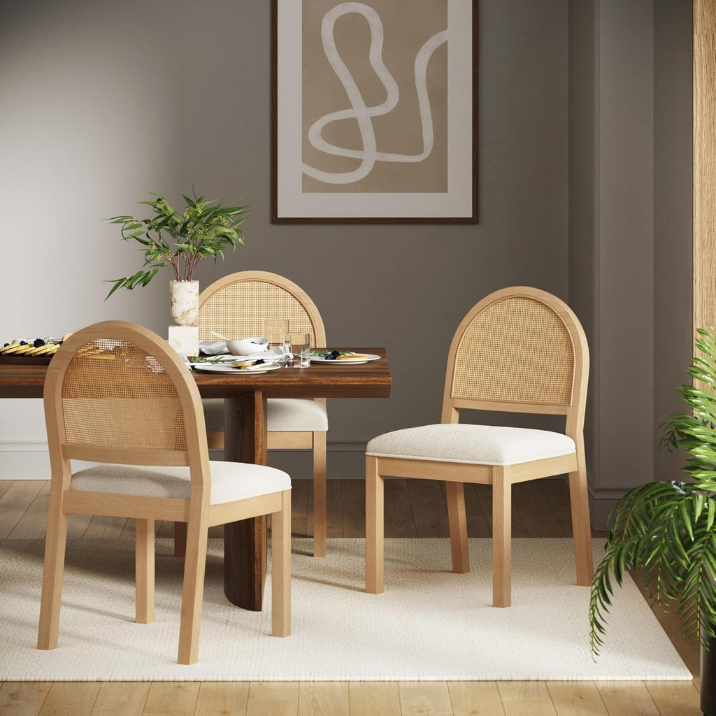 Bailey 19 Inch Boucle Dining Chair With Rattan Back And Wood Legs-2