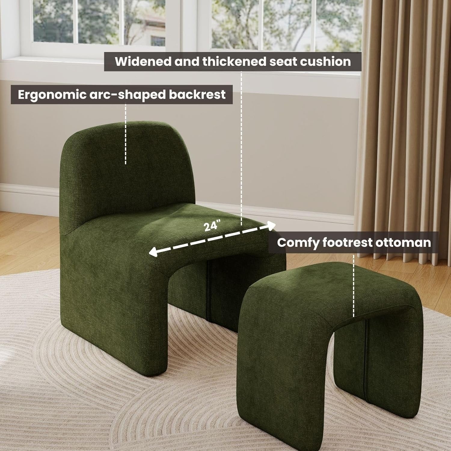 Green Chenille Upholstered Accent Chair With Ottoman-1