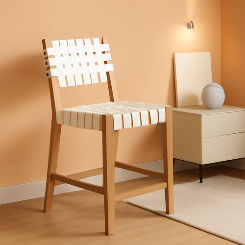 Mid Century Modern Bar Stool With Back In Off White Faux Leather-0