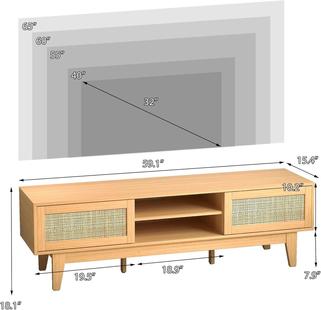 55-65 Inch Boho Rattan TV Stand Sliding Cabinet Doors-1