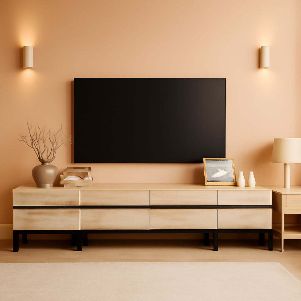 110 Inch TV Stand Solid Oak Finish With Hidden Storage-0