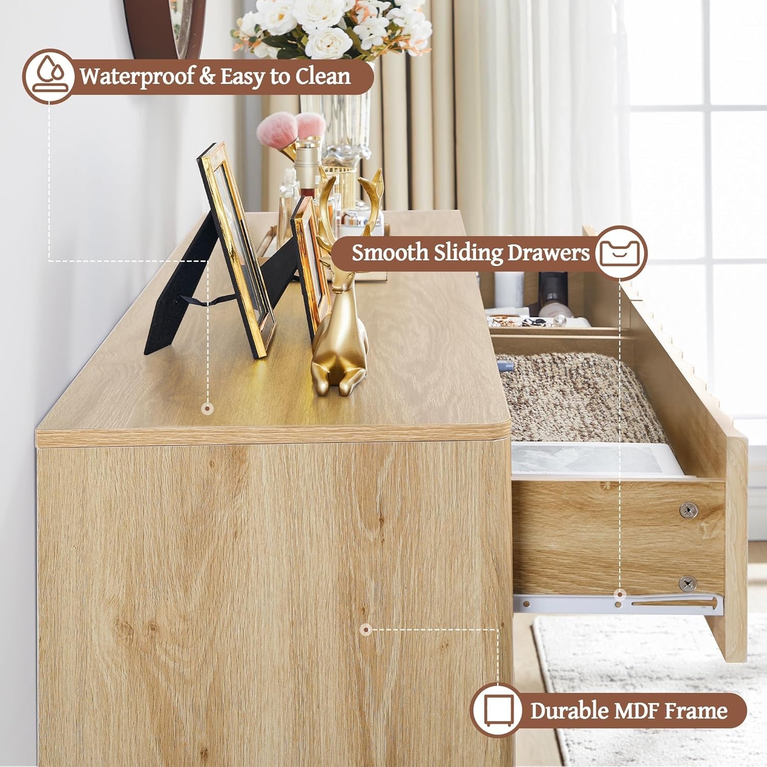 Fluted Six Drawer Dresser Walnut Finish FiftyThreeInchWide-4