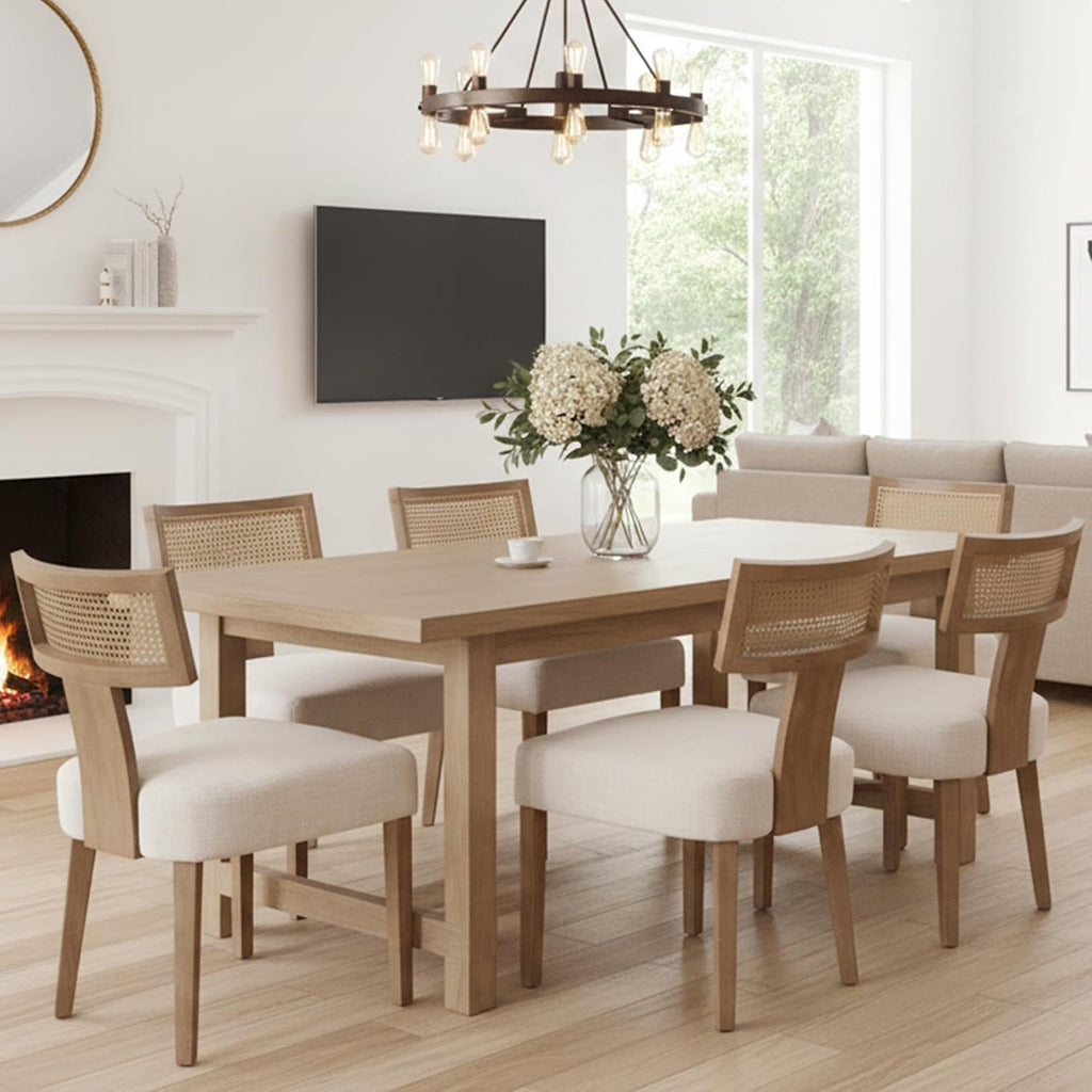 Beige Mid Century Rattan Dining Chairs Upholstered-2
