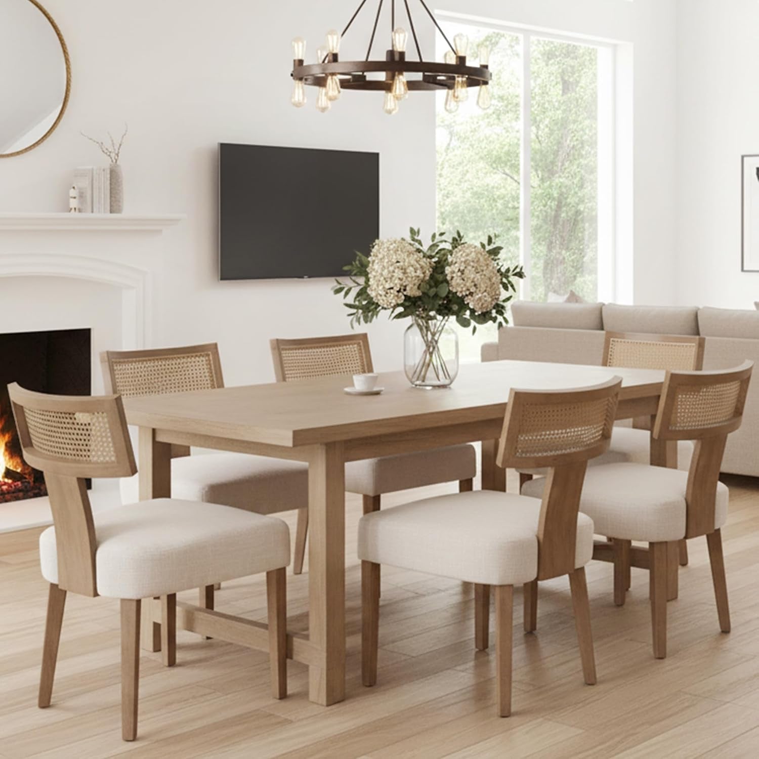 Beige Mid Century Rattan Dining Chairs Upholstered-2