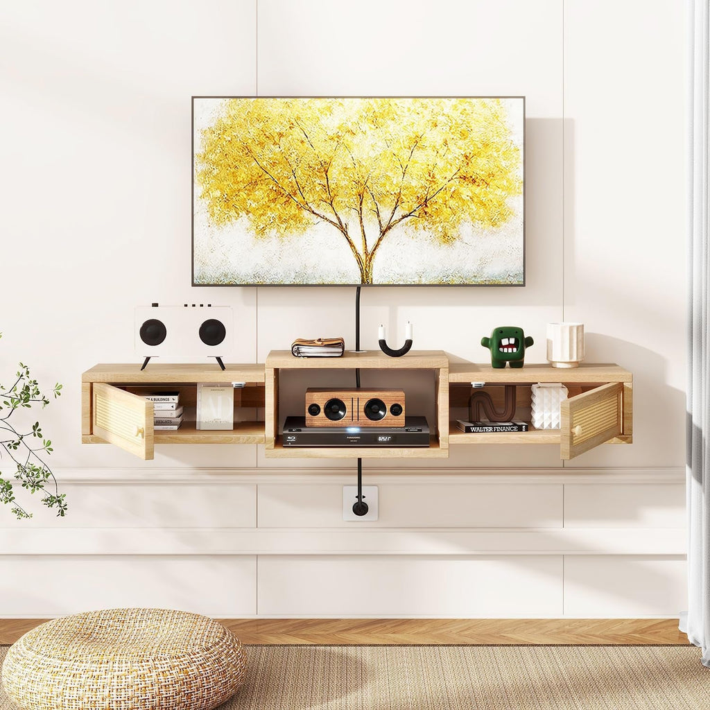 Floating TV Stand 55 Inch Natural Rattan Storage Unit-4