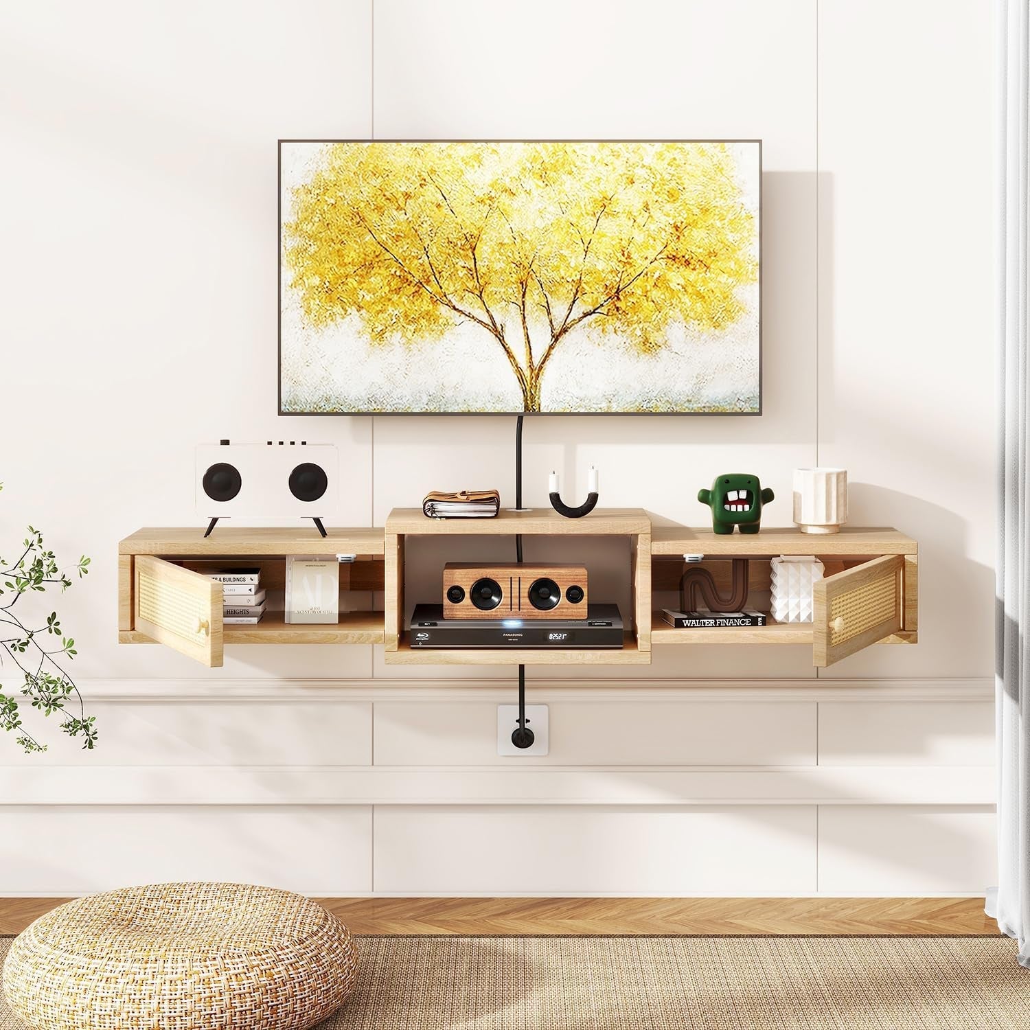 Floating TV Stand 55 Inch Natural Rattan Storage Unit-4