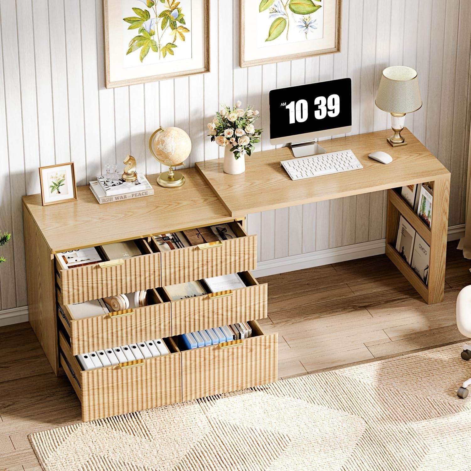 Oak Forty Seven Inch L Shaped Corner Desk With Drawers-2