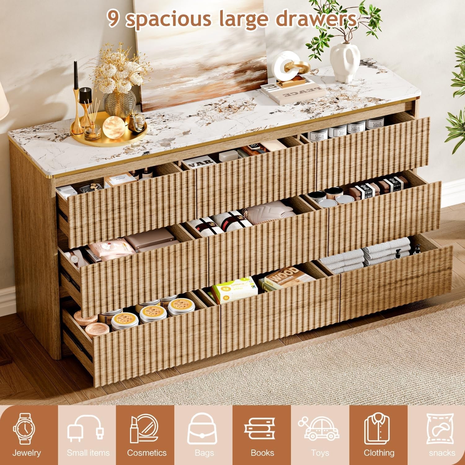 9 Drawer Dresser Chest With PolishedMarbleTabletop-2