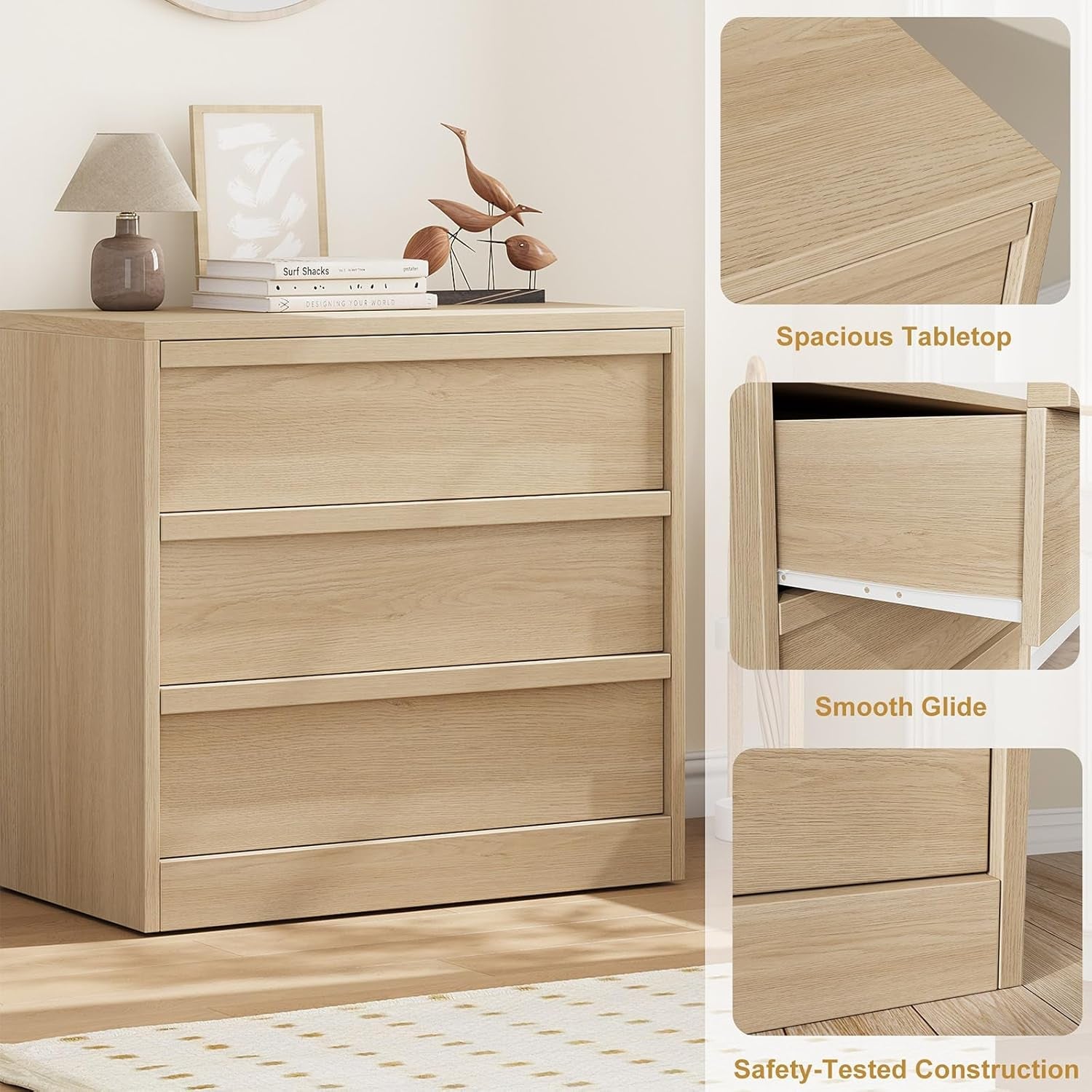 Natural Oak 3-Drawer Dresser With Generous Storage-4
