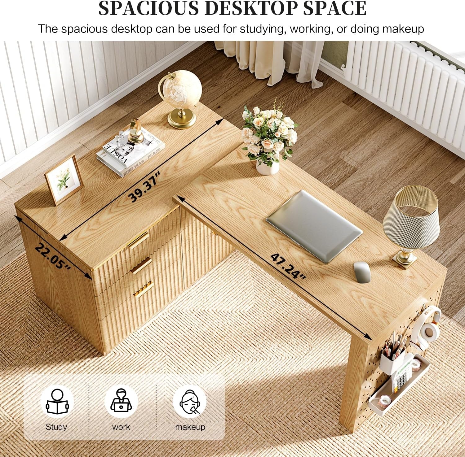 Oak Forty Seven Inch L Shaped Corner Desk With Drawers-4