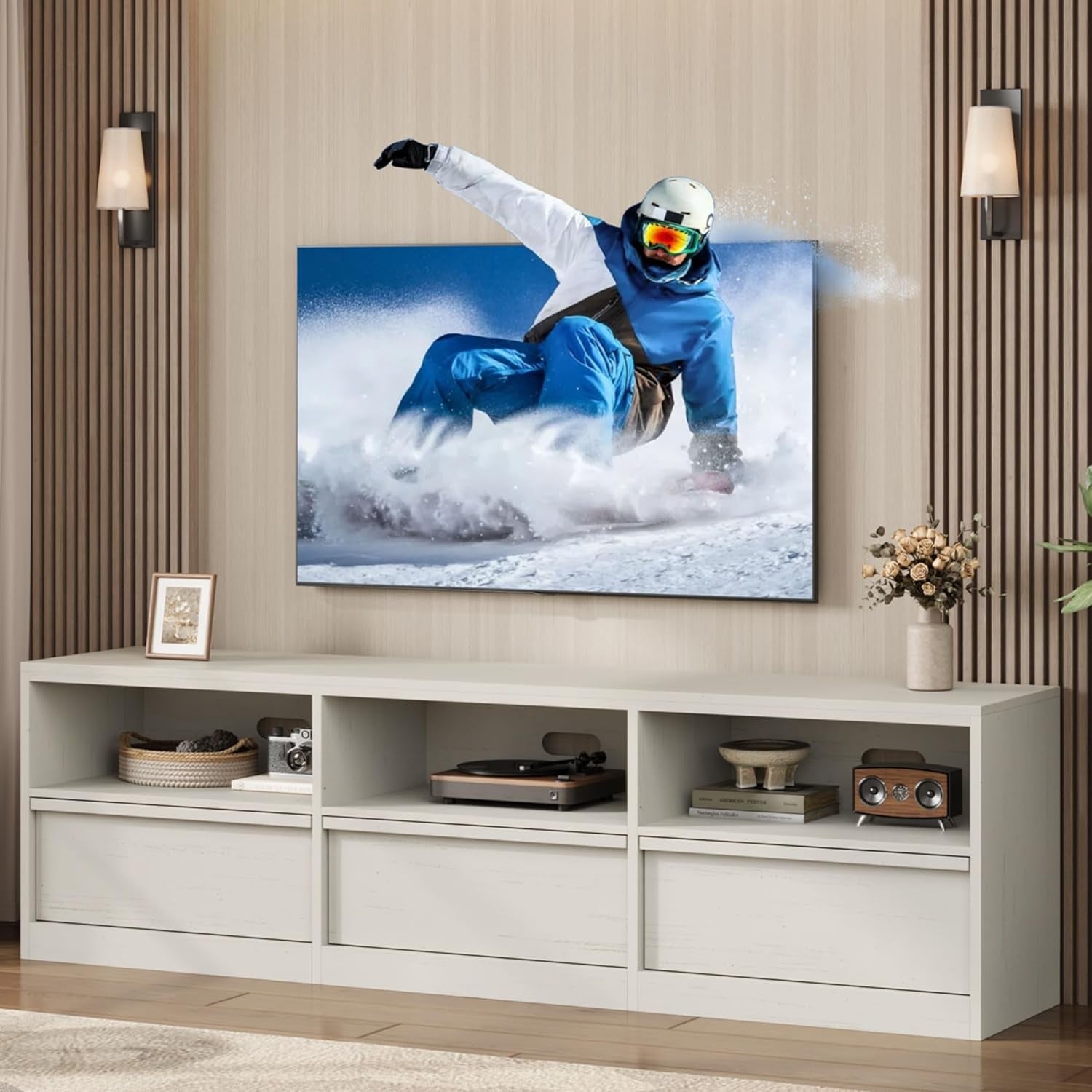 70-In TV Stand Heavy-Duty Mid-Century White Entertainment Center-1