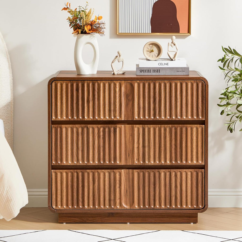 Walnut Fluted Three Drawer Dresser 31 Inch Wide Storage-2